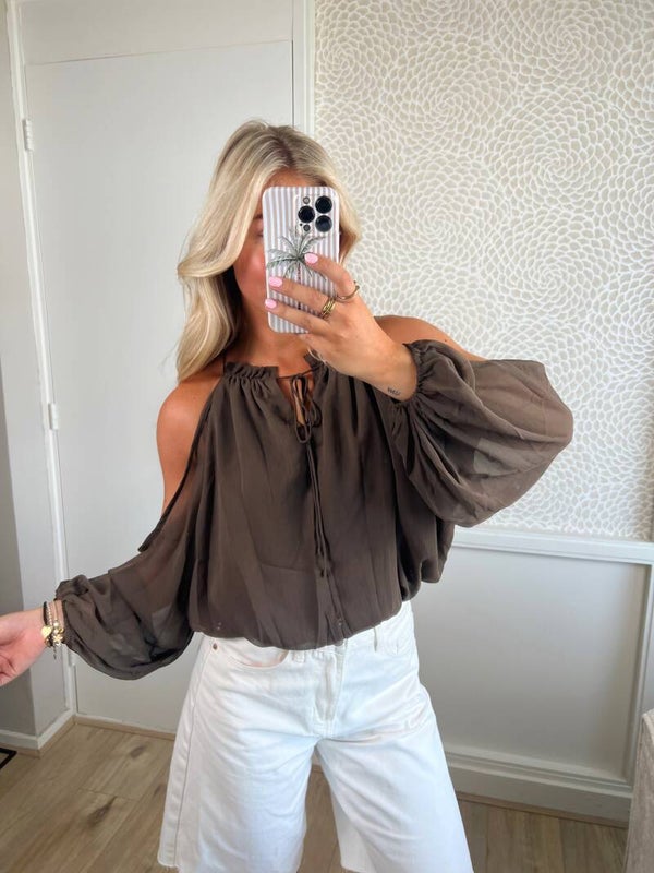 Blouse open schouders bruin