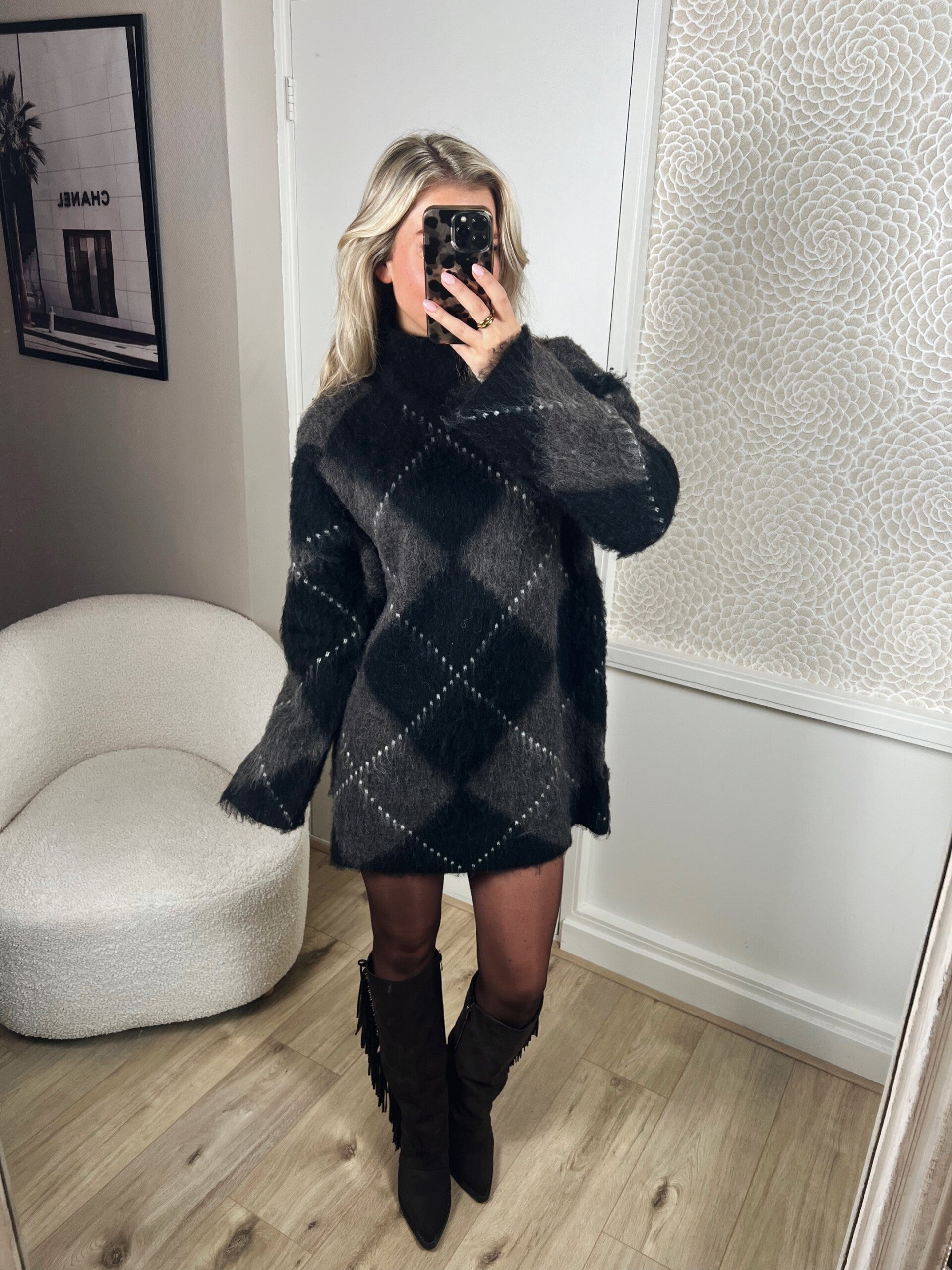 Trui jurk ruit bruin zwart