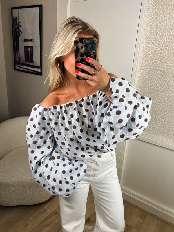 Top strapless stip blauw bruin