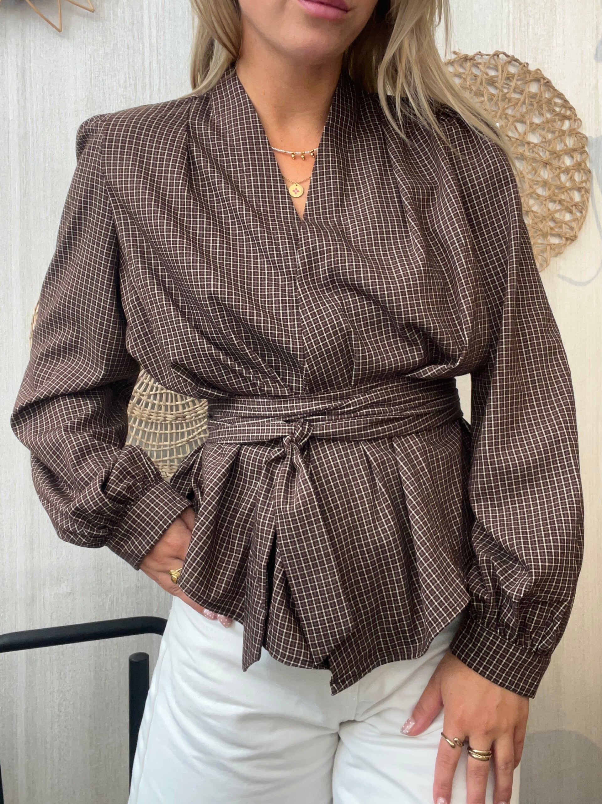 Blouse overslag ceintuur bruin ruit