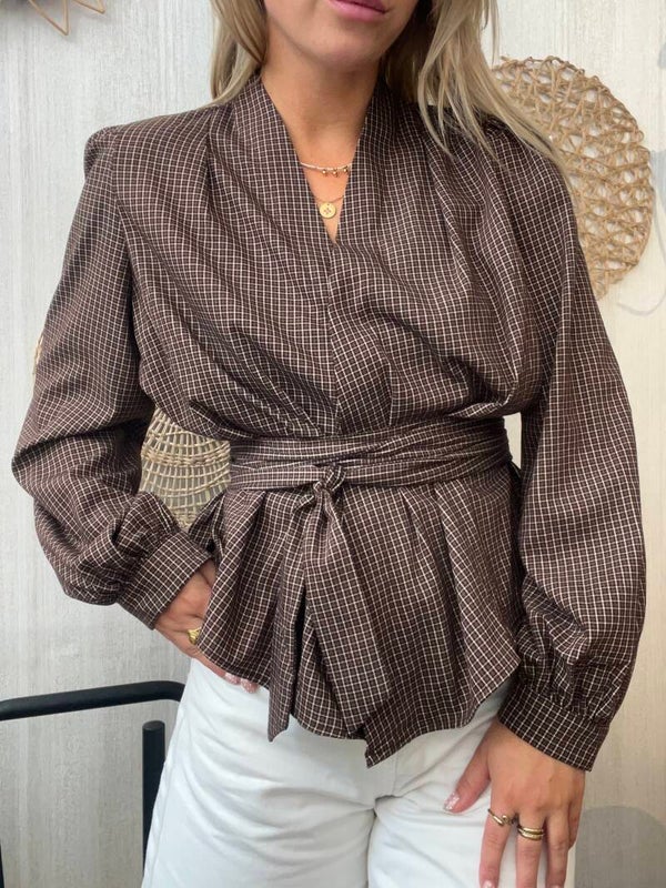Blouse overslag ceintuur bruin ruit