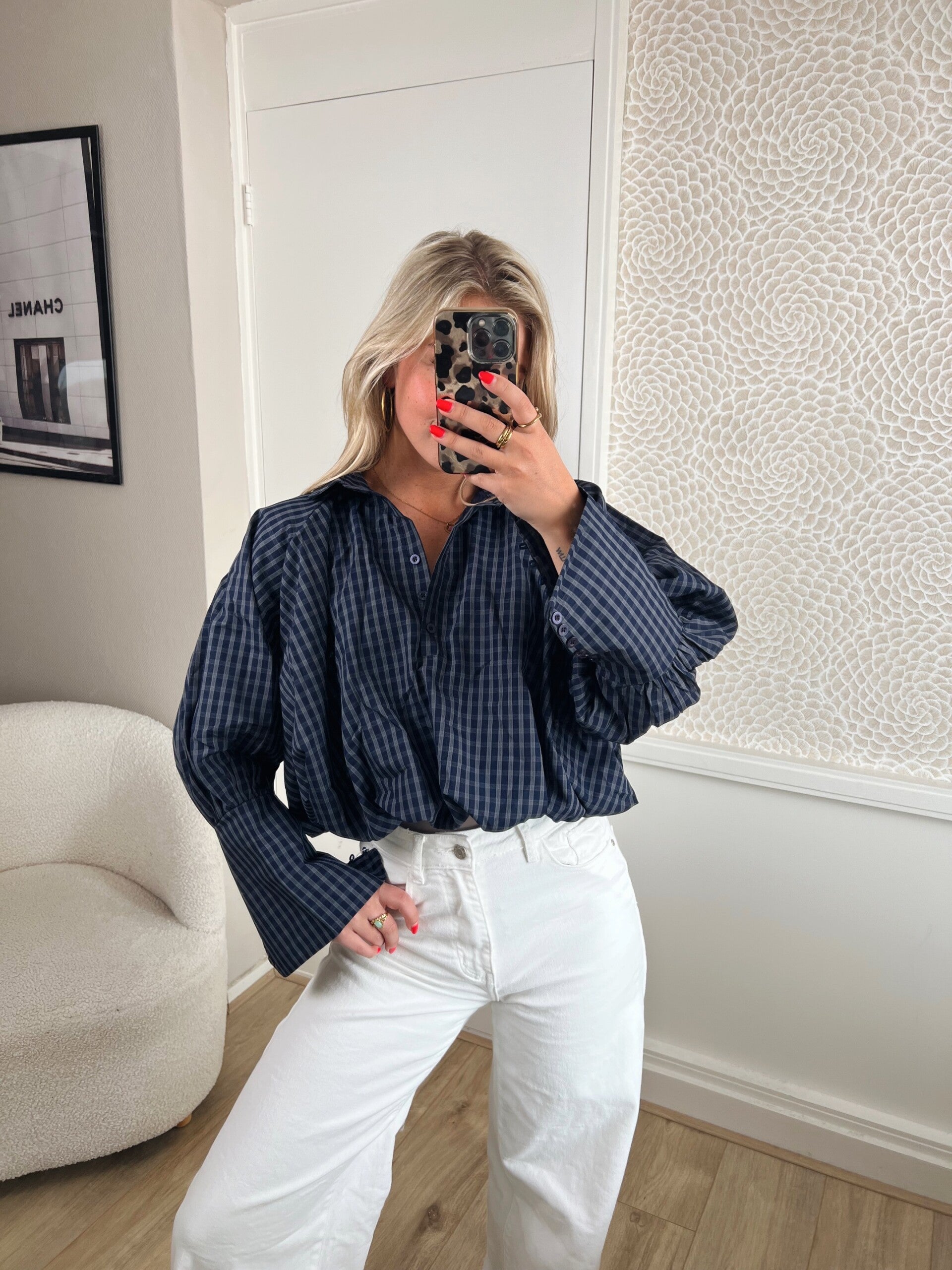 Blouse cropped ruit blauw
