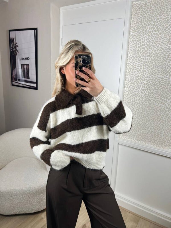 Trui strepen kraag bruin creme