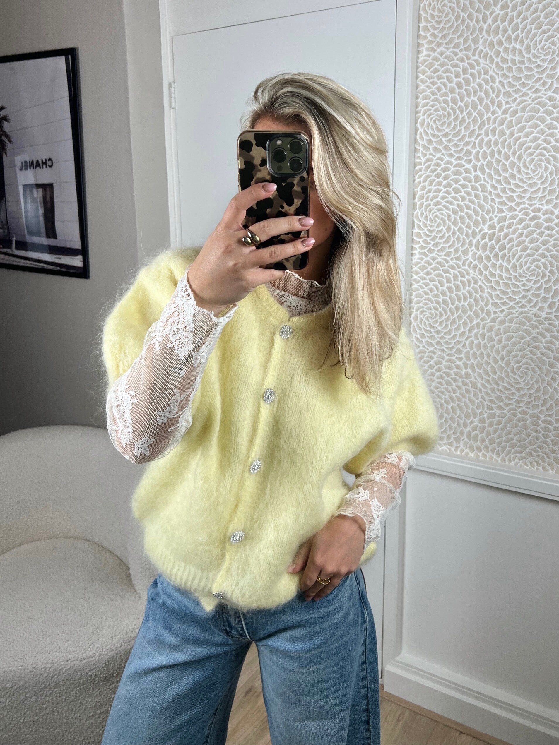 Trui mohair korte mouw pastel geel