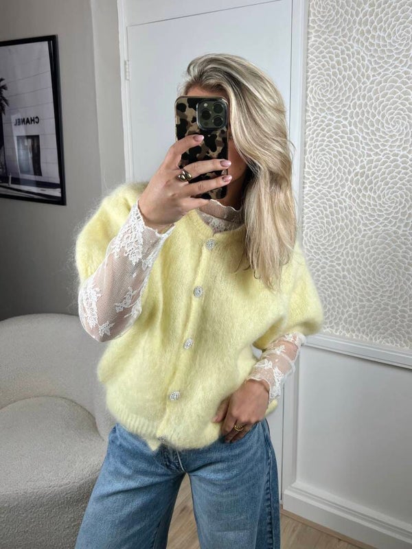 Trui mohair korte mouw pastel geel