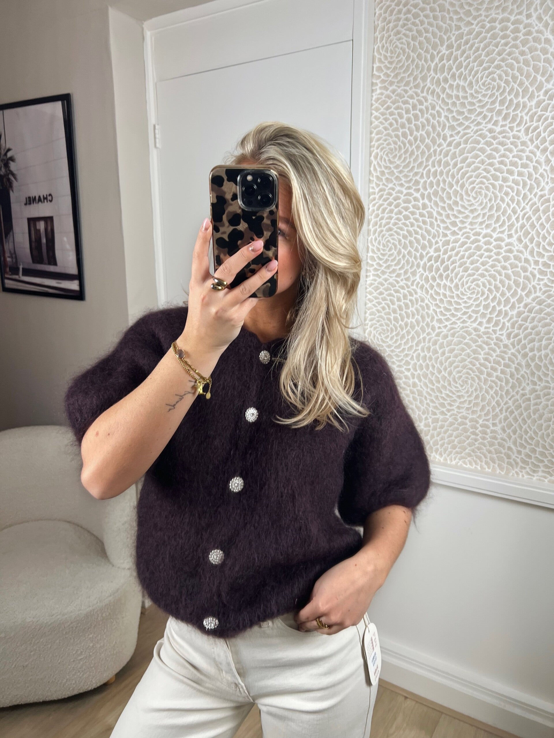 Trui mohair korte mouw bruin/aubergine