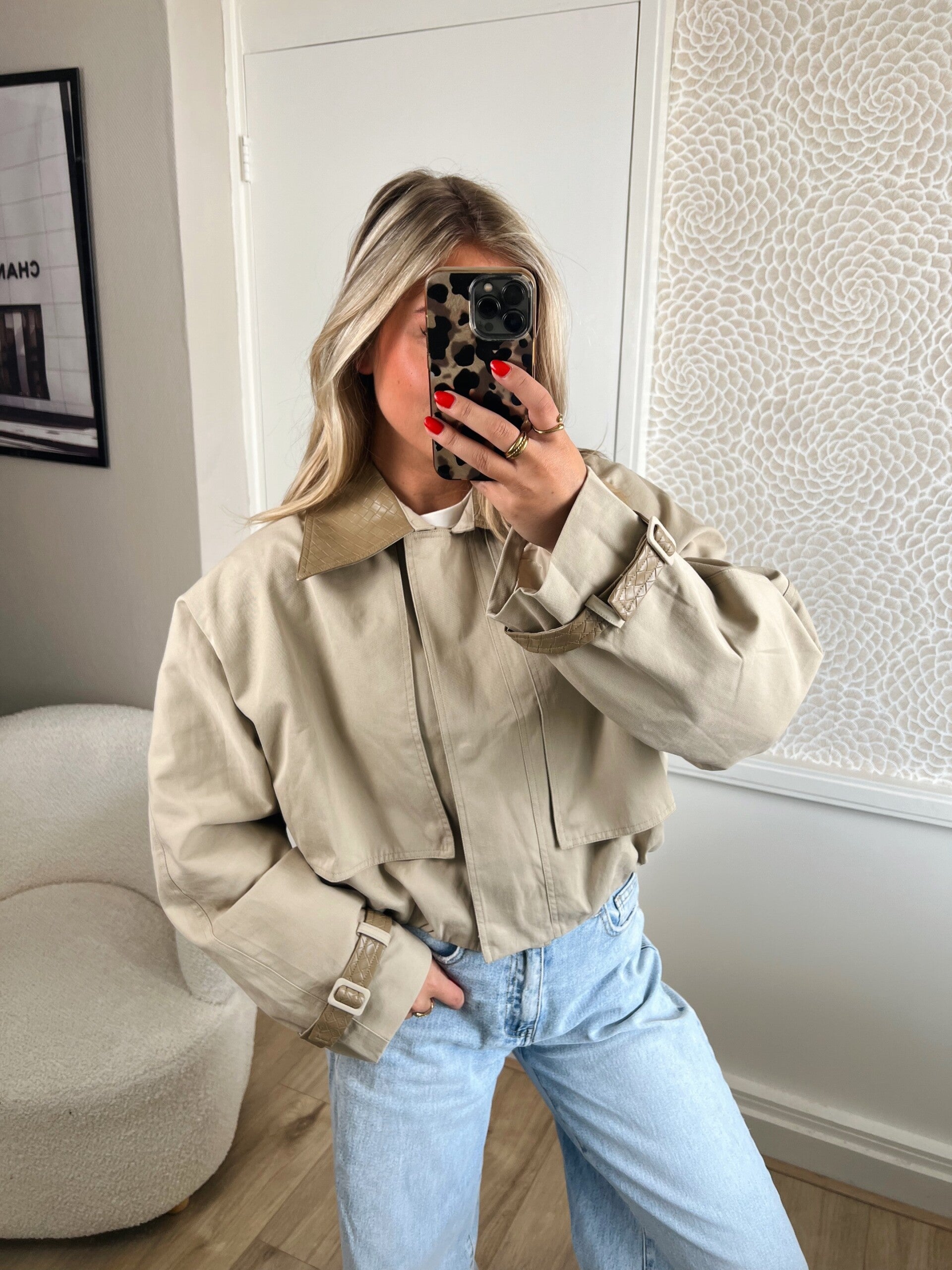 Bomber beige leren kraag