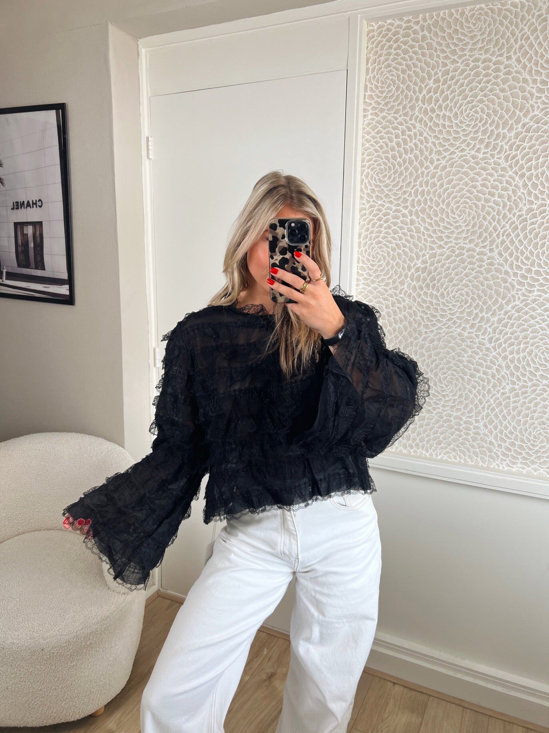 Top kant wijde mouw zwart