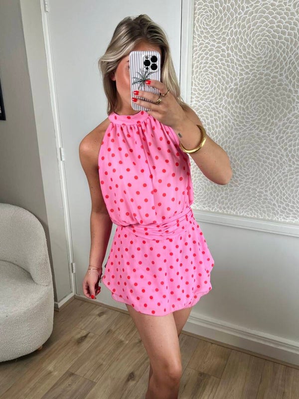 Playsuit roze stip rood ruffle