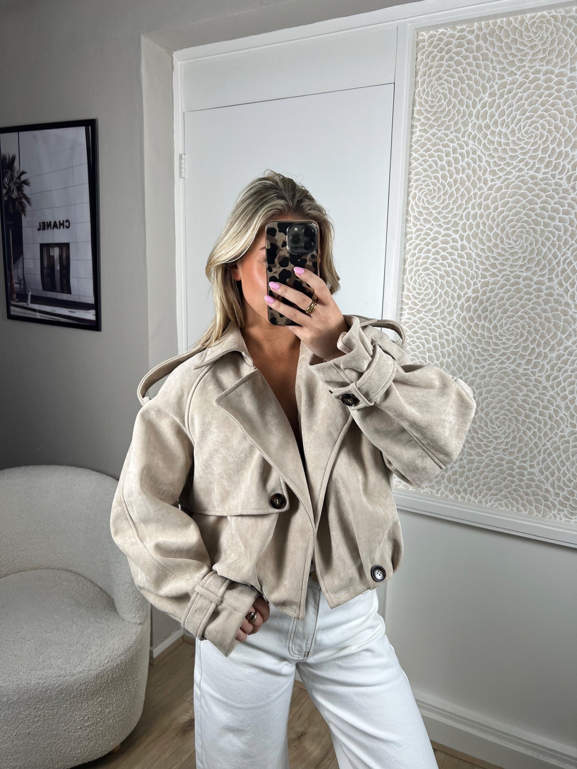 Bomber jasje suede knopen beige