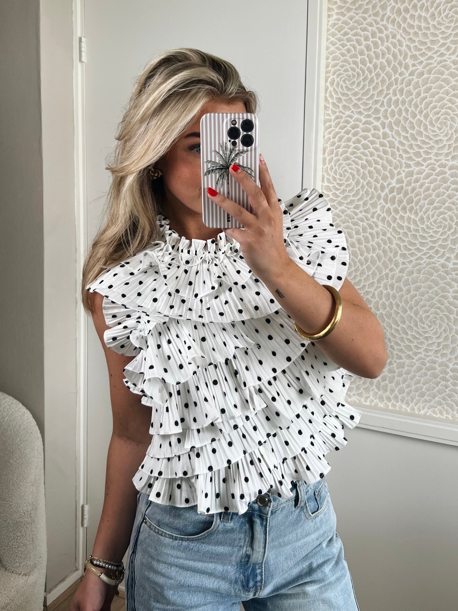 Top ruffle wit stip zwart