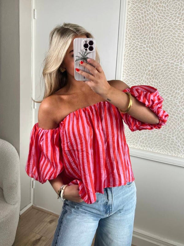Off shoulder top streep roze rood