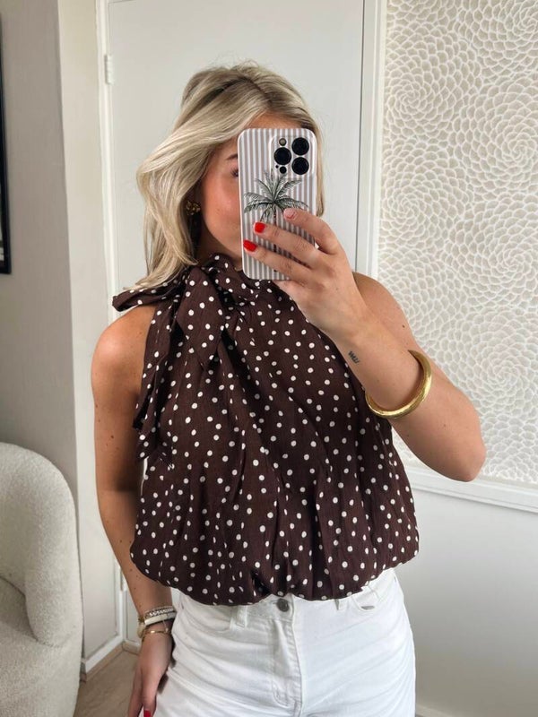 Top halter strik bruin stip beige