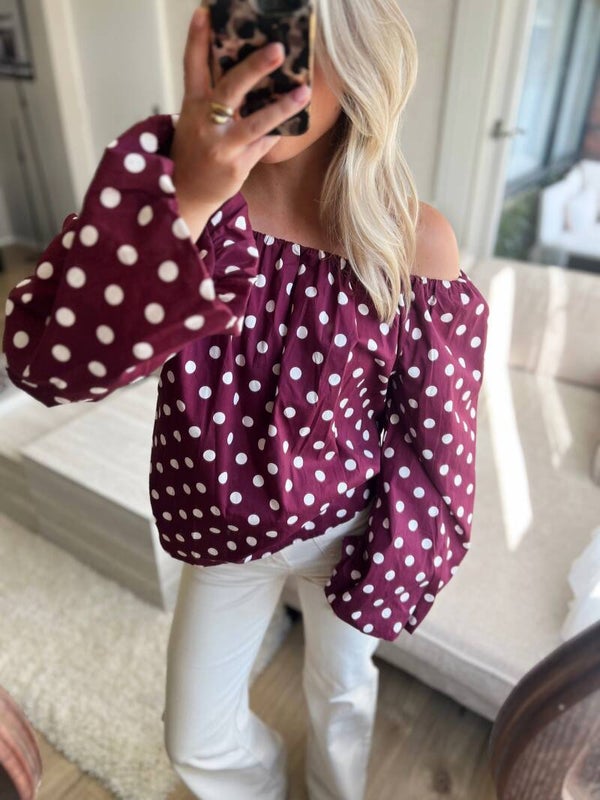 Blouse off shoulder bordeaux polkadots