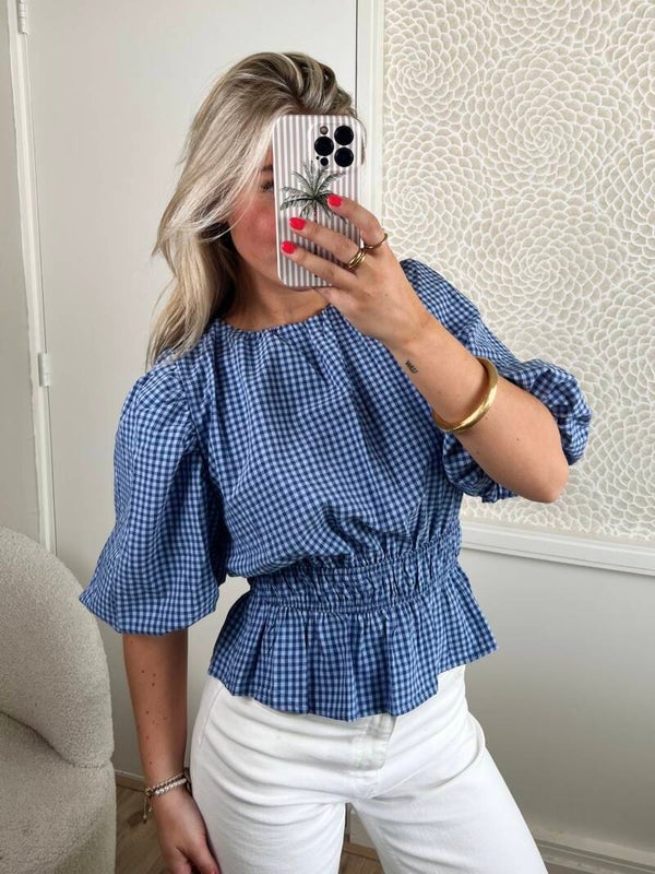 Top pofmouw ruit blauw