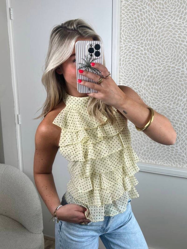 Top ruffle halter geel stip bruin