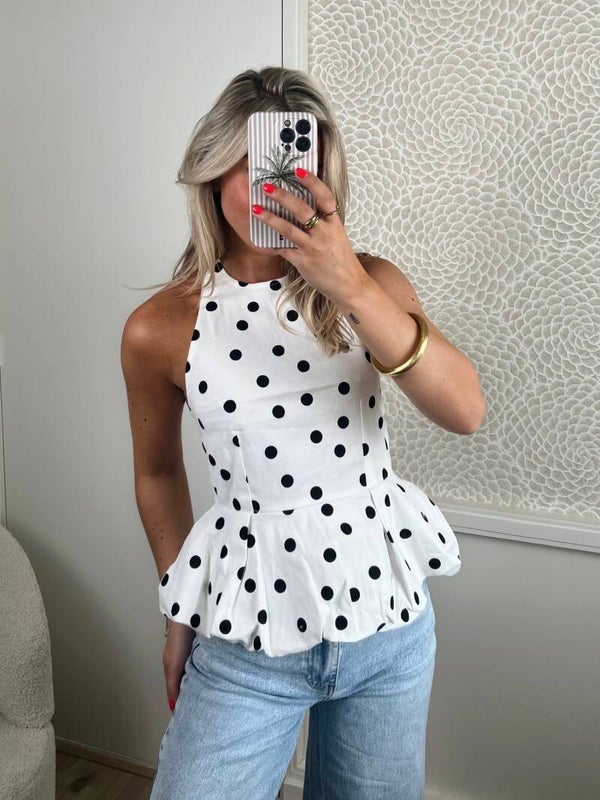 Top halter jeans stof wit stip zwart