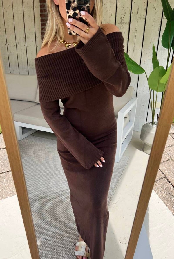 Lange jurk bruin off shoulder