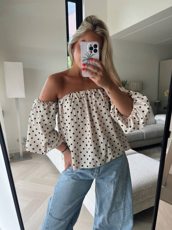 Top off shoulder beige stip zwart