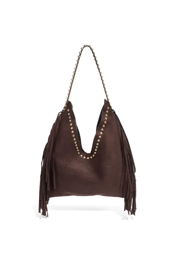 Tas franjes bruin studs goud