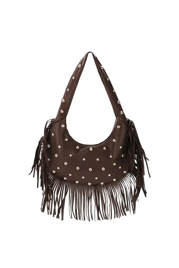 Tas bruin franjes studs goud
