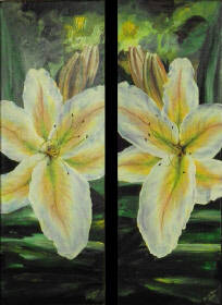 Titel: Tweeluik witte lellies Afmetingen werk: 40x120 Techniek: Acryl op doek Prijs: op aanvraag