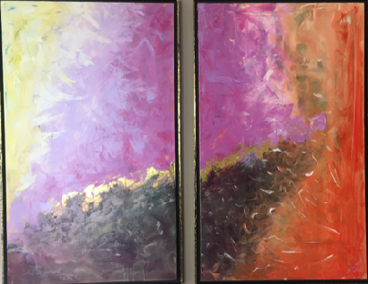 Titel: Colourful minds Afmetingen incl. lijst: 2 x 64x104 Techniek: Acryl op doek Prijs: op aanvraag