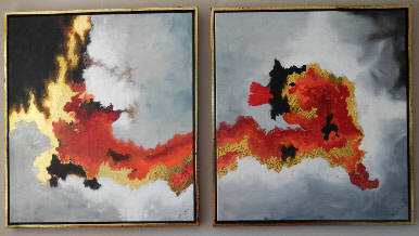 Titel: Impression of China Afmetingen werk: 2 maal 90x90 Techniek: Acryl op linnen met bladgoud Prijs: op aanvraag