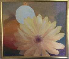 Titel: Full Moon and Flowers Afmetingen werk: 69x58 Afmeting incl lijst: 75x65 Techniek: Acryl op katoen Prijs: op aanvraag