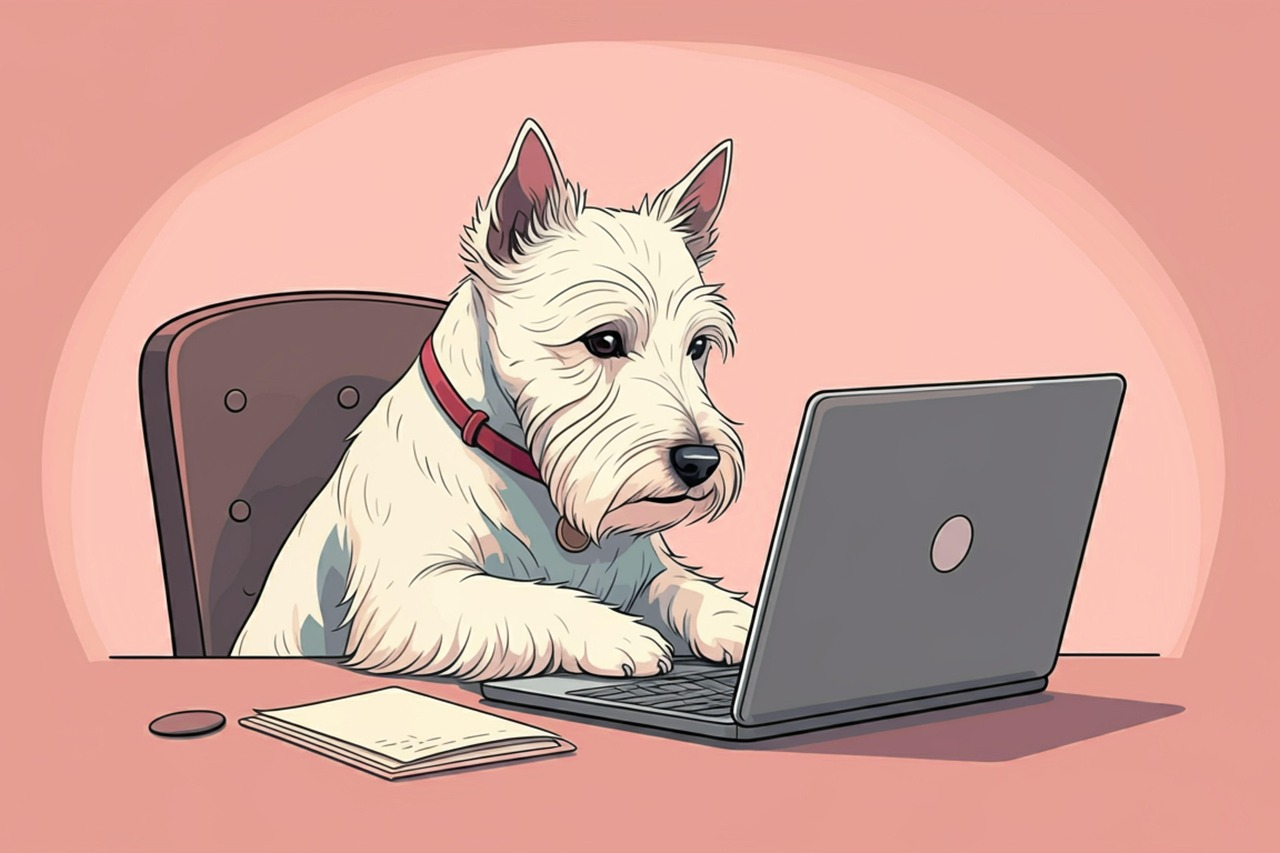 Hond achter de laptop.