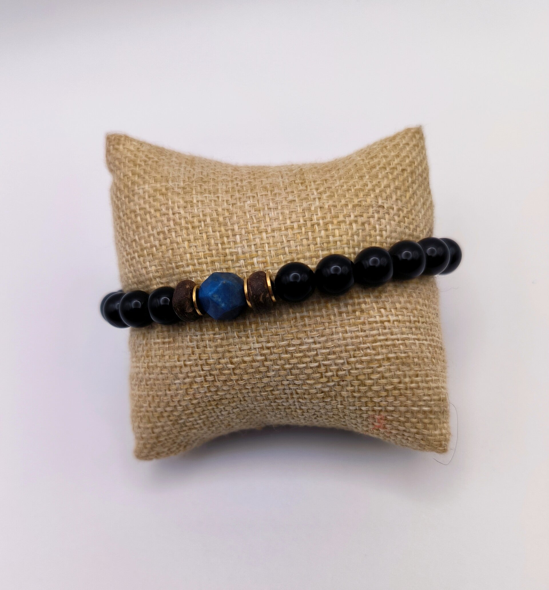 Bracelet Ring Doré Onyx, Bois, Lapis Lazuli