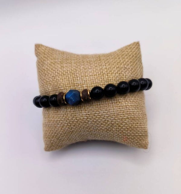 Bracelet Ring Doré Onyx, Bois, Lapis Lazuli
