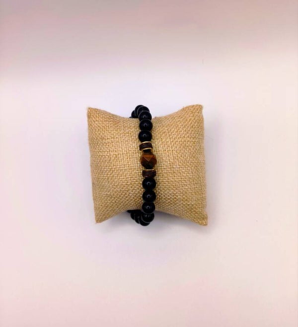 Bracelet Ring Doré Onyx, Bois, oeil de tigre