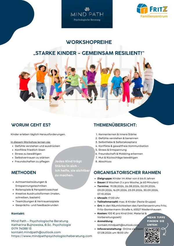 Workshopreihe  „Starke Kinder - Gemeinsam resilient!“ 19.08.2026 - 07.10.2026
