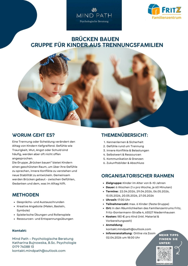Brücken bauen   Gruppe für Kinder aus Trennungsfamilien 22.04.2026 - 27.05.2026