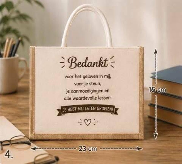 Gepersonaliseerde jute tote bag met tekst naar keuze - 23x15 cm