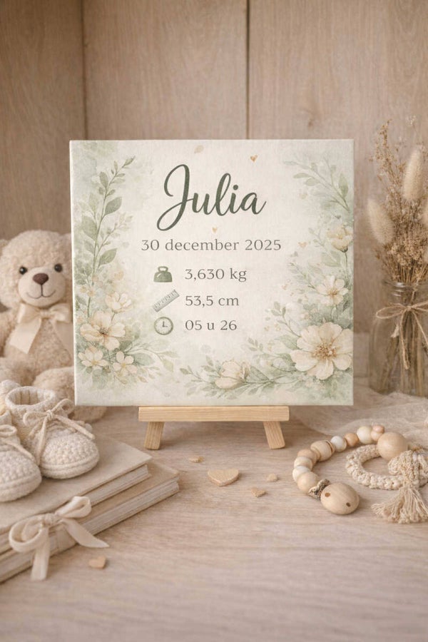 Gepersonaliseerd keramisch geboortetegeltje incl. houten voetje - 15x15 cm