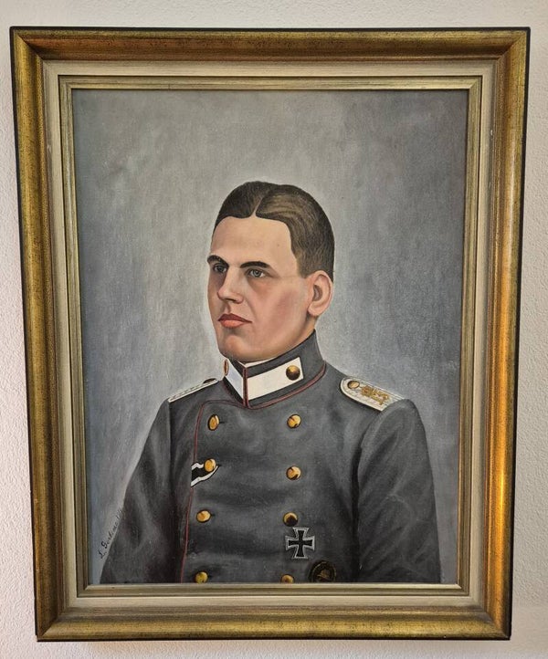 Large Signed 1919 Oil Painting of a German WWI Leutnant – Iron Cross 1st Class, EK2 Ribbon & Wound Badge