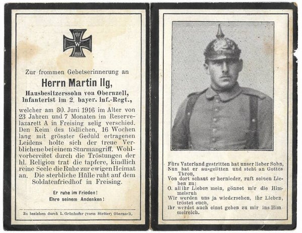 Prayer card of an Infantryman of the 2. Bayer Inf. Regiment. ( 1916 )
