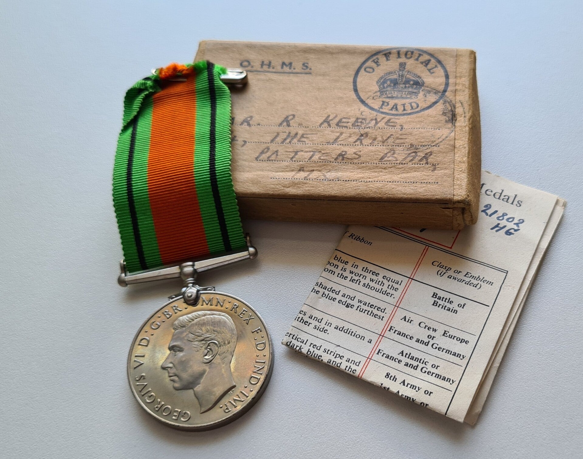 WW2 British Defence Medal awarded to a member of the Home Guard with box