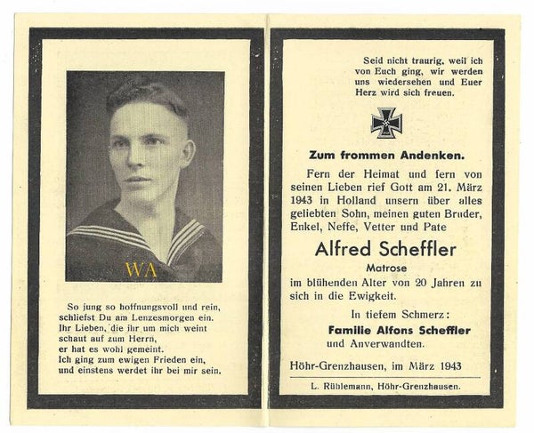 Prayer card of a fallen German sailor in Holland