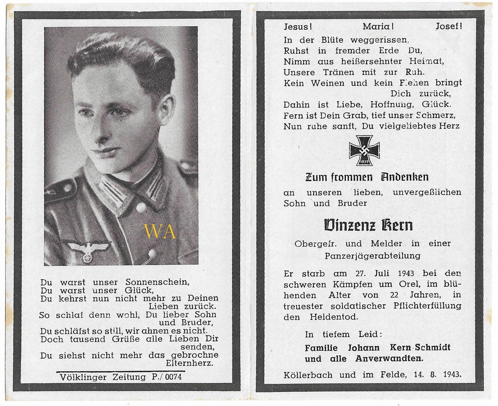 'Sterbebild' Death card of a German Obergefr. of the Panzerjägerabteilung