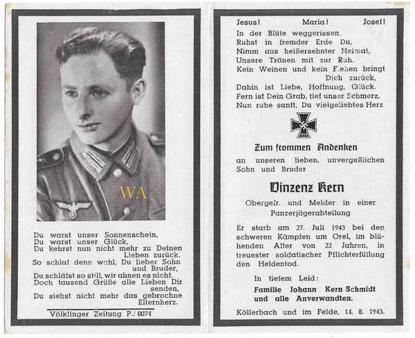 'Sterbebild' Death card of a German Obergefr. of the Panzerjägerabteilung