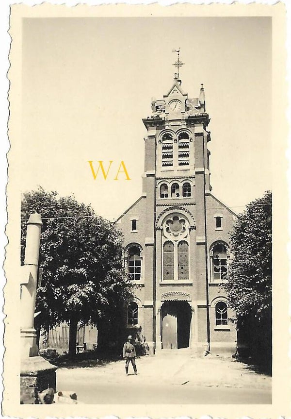 German soldier in front of Saint-Fuscien Somme church in France