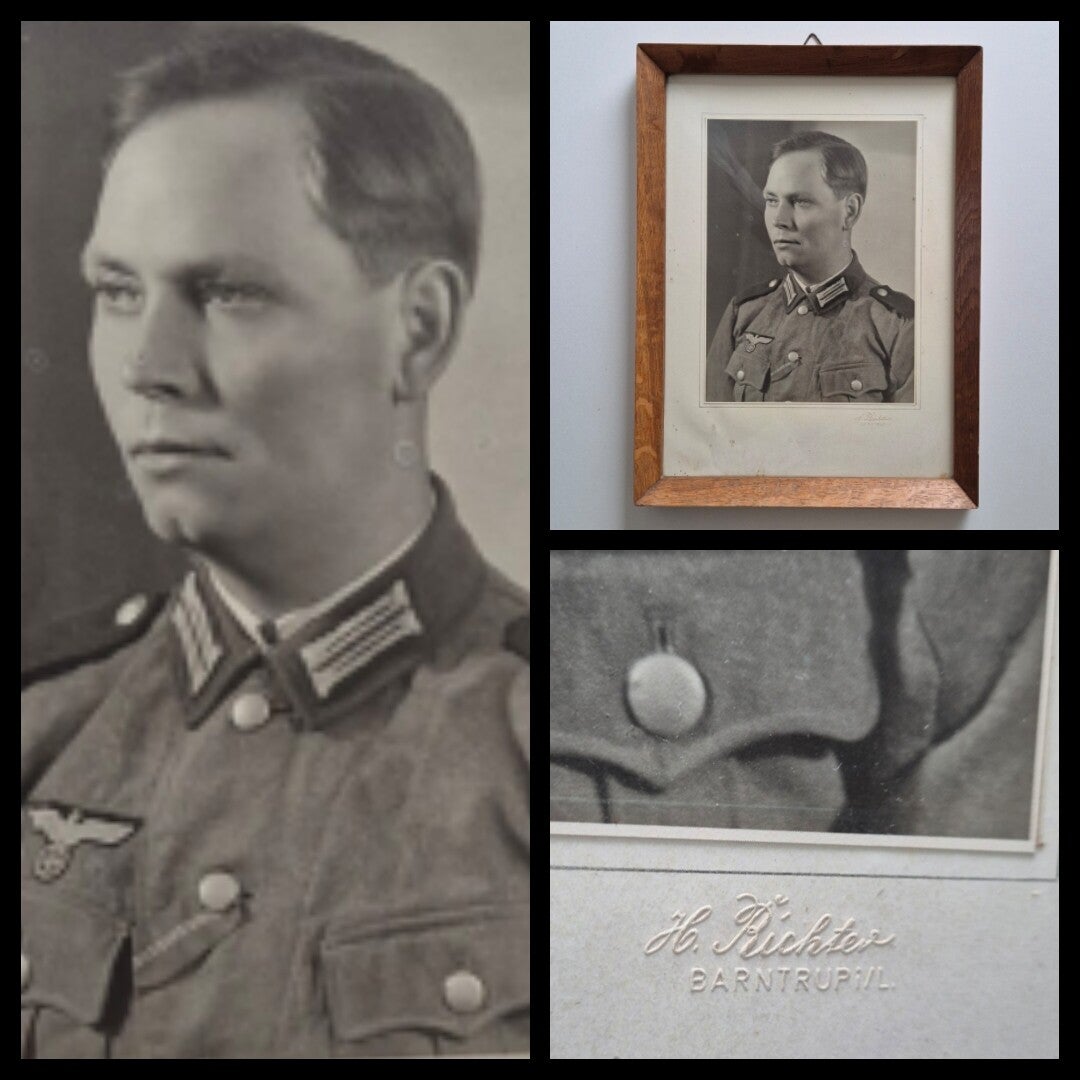 Photograph in a frame of a Wehrmacht soldier with the Ost medal ribbon. (Winter Campaign in the East)