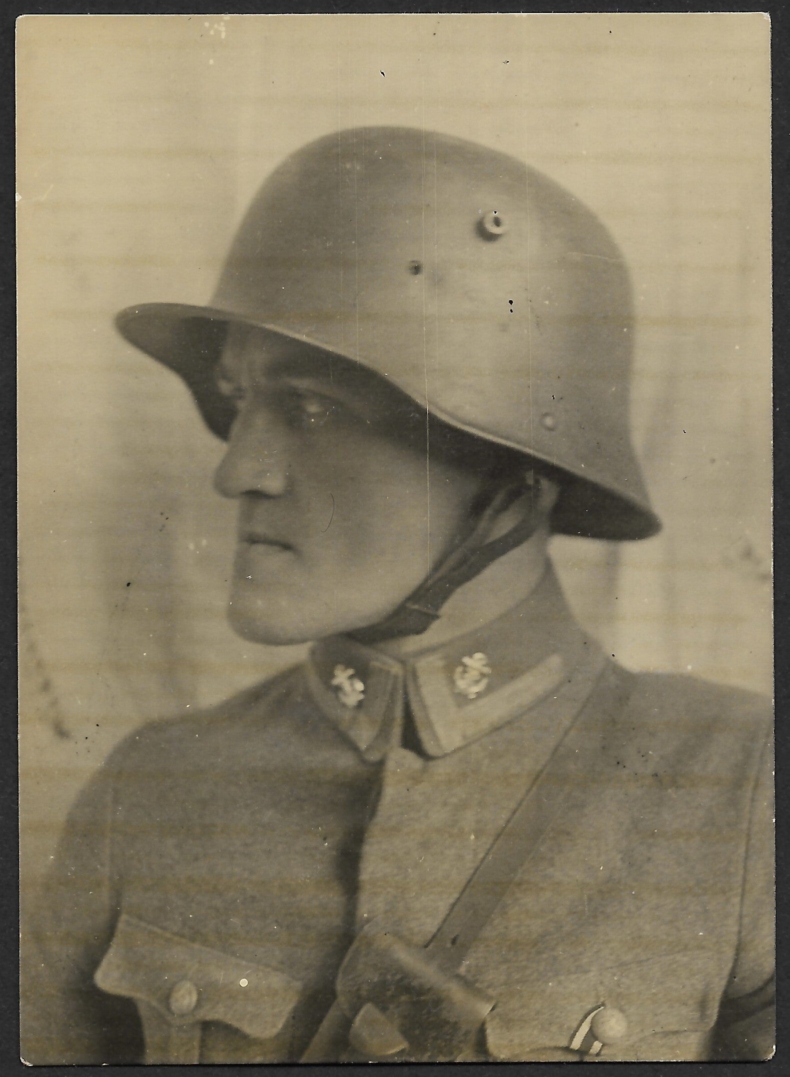 Close-up portrait of a steel helmet from the coastal artillery