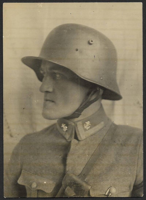 Close-up portrait of a steel helmet from the coastal artillery