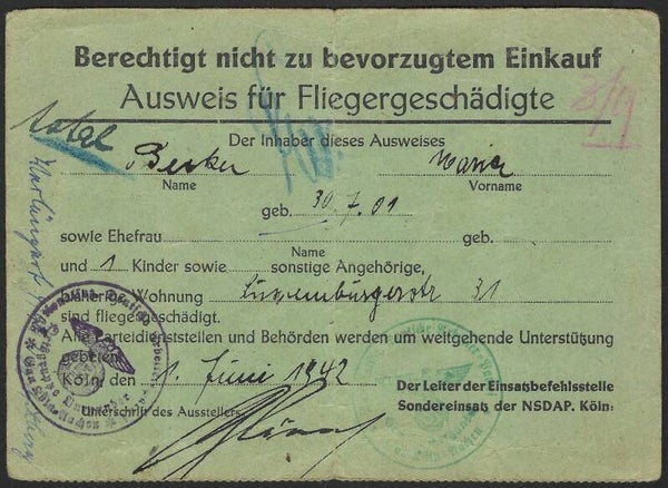 German 'Bombenpaß – Ausweis für Fliegergeschädigte' Bombing of Cologne - June 1, 1942