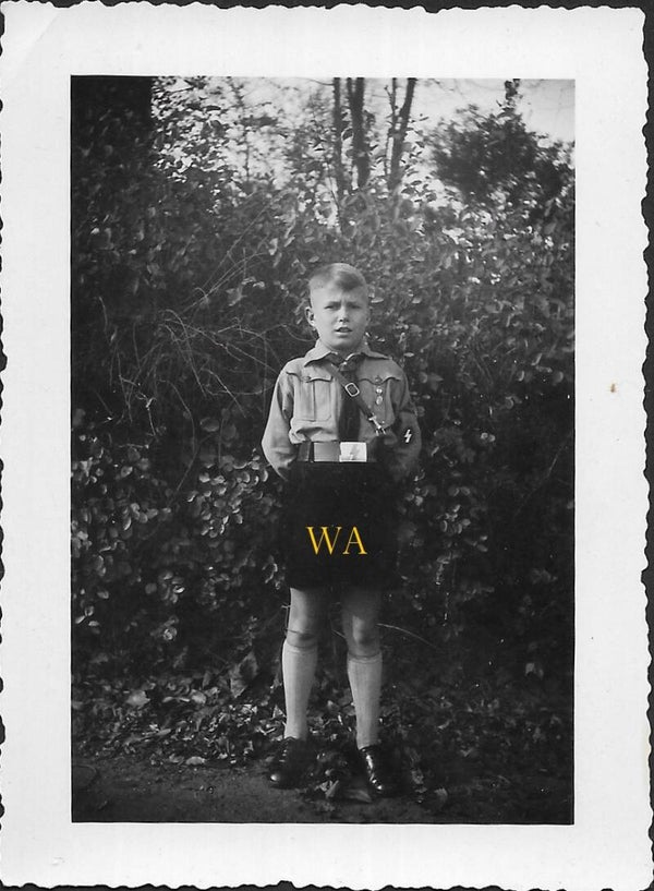Standing pose of a young member of the Deutsche Jugend (DJ / HJ) with visible emblems and badges.