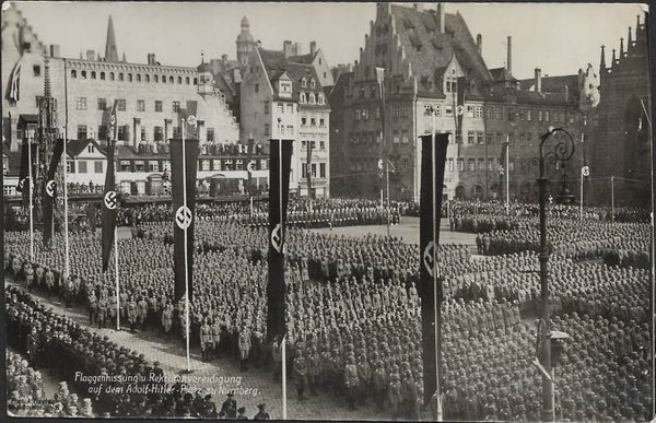 2 Photographic postcards; Recruit oath-taking ceremony with flag-raising on the AH-Platz in Nuremberg.